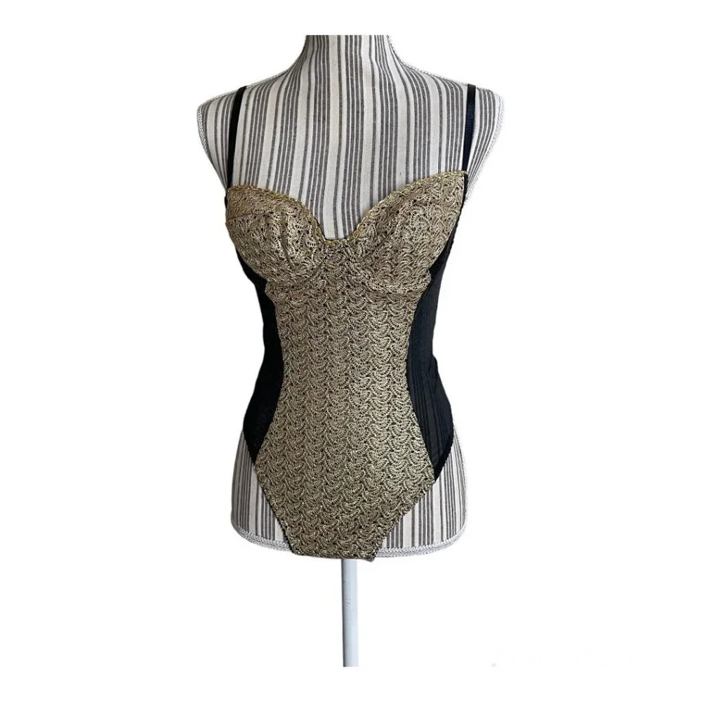 Vintage 90's Frederick's of Hollywood Gold Black Bodysuit USA Made Size M - Picture 2 of 12